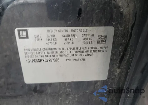 2012 Chevrolet Cruze Ls from USA, damaged, VIN 1G1PC5SHXC7257306